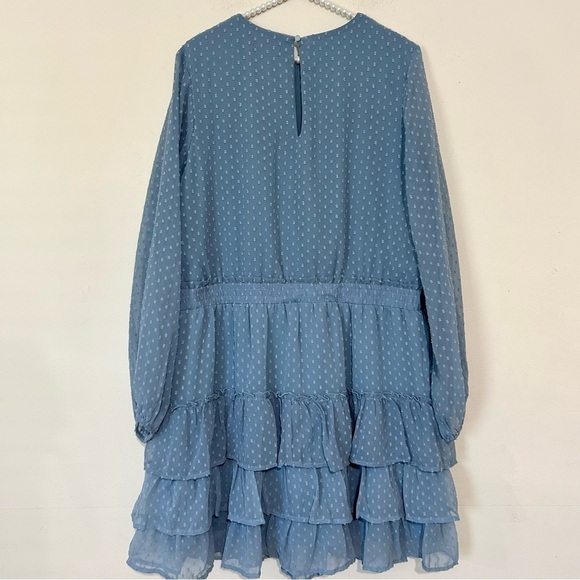 Express Blue Clip Dot Tiered Smocked Waist Long Sleeve A-Line Dress SIZE XL - Picture 5 of 6